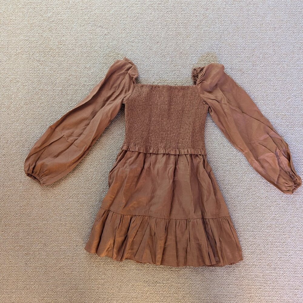 Quince 100% European Linen Smocked Mini Dress in Terracotta (S)